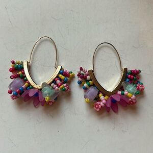 Gold tone pink seed bead fringed elongated hoop funky statement fashion earrings